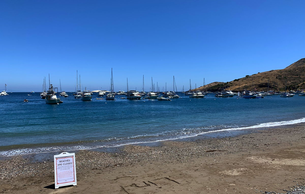 beached closed sign and boats moored at catalina island